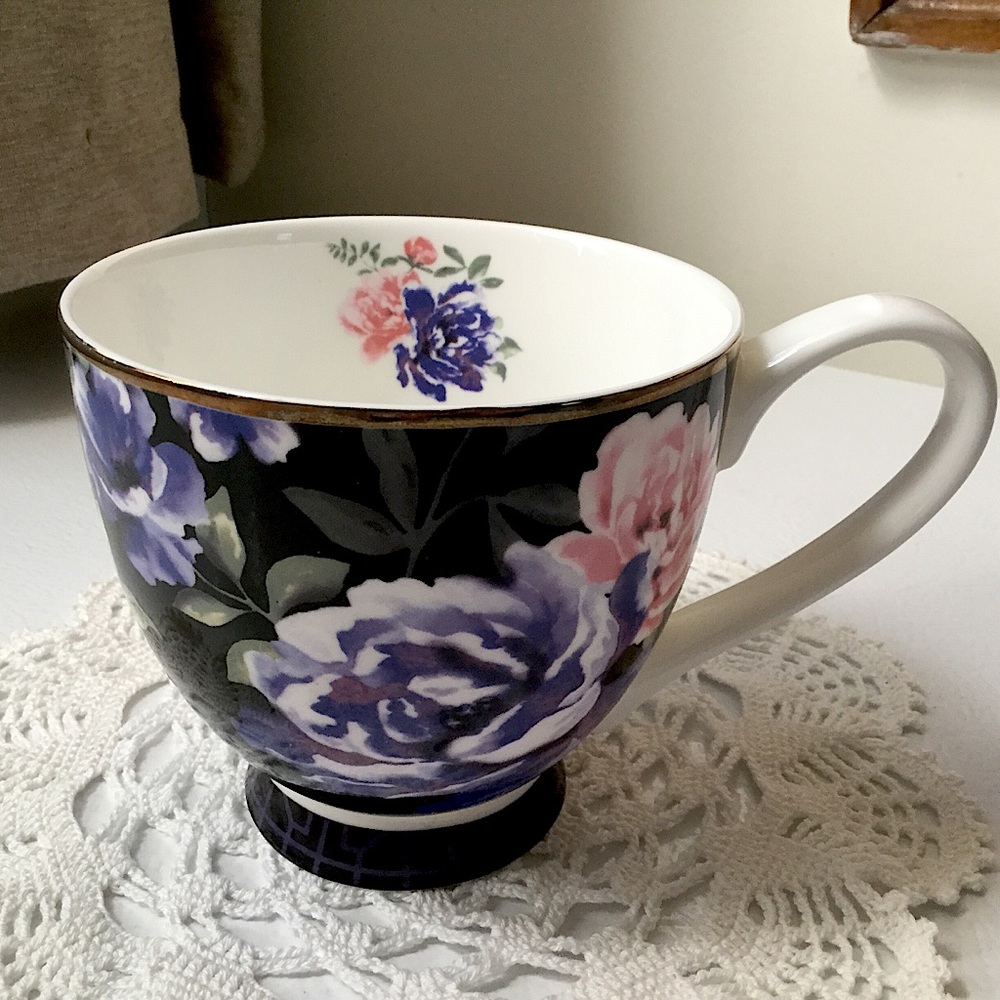 Bone China Floral Black and Purple Mug